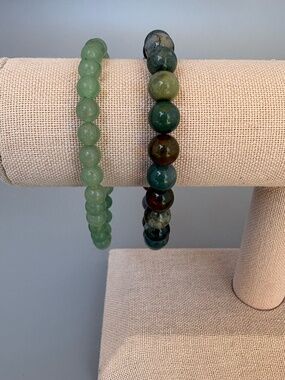 Natural Stone Beaded Stretch Bracelet Set Green Earth Tone Moss Agate Aesthetic